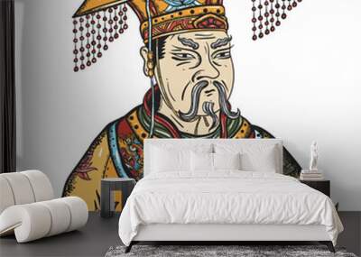 Chinese emperor portrait. Ancient China history and culture. Old school tattoo vector art. Hand drawn graphic. Isolated on white. Traditional flash tattooing style Wall mural