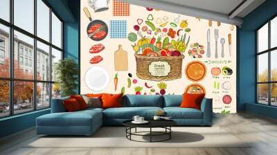 Food collection. Food ingredients collection fresh vegetables cooking utensils Wall mural