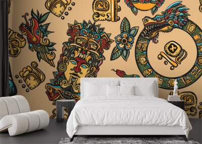 Mayan pattern. Ancient mexican civilization. Aztec, inca background. Golden glyphs, Kukulkan, totem, dragon, indian. Old school tattoo Wall mural