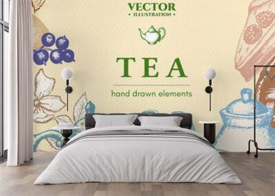 tea vector card design ink hand drawn illustration Wall mural