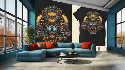 Three angry black panthers. Mayan art. Mesoamerican mexican art. Wild cats queens in jungle. Creative print for dark clothes. T-shirt design. Template for posters, textiles, apparels Wall mural