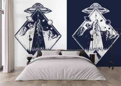 UFO tattoo art and t-shirt design. Invasion of aliens. Alien kidnap human. Mystical symbol paranormal phenomena, first contact. Black and white vector graphics Wall mural