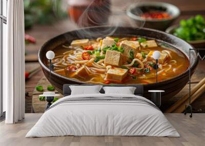  Chinese noodle soup, with vibrant vegetables, thin noodles, tofu, and slices of meat in a flavorful broth Wall mural