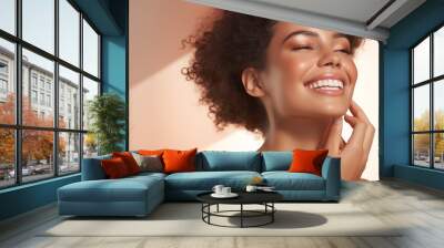 A beautiful black woman is applying cosmetics and smiling brightly. grooming. cosmetics photo, beauty industry advertising photo. Wall mural