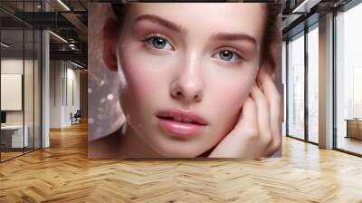 A woman finishing washing her face, a beautiful woman. beautiful woman applying skin to his face, close-up. grooming. cosmetics photo, beauty industry advertising photo. Wall mural