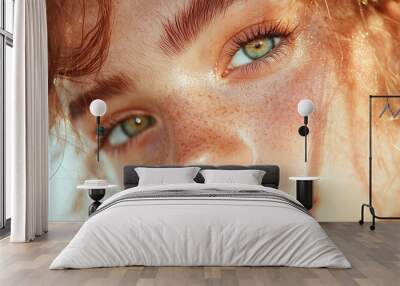 Freckled beauty in natural sunlight close-up portrait. grooming. cosmetics photo, beauty industry advertising photo. Wall mural