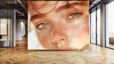 Freckled beauty in natural sunlight close-up portrait. grooming. cosmetics photo, beauty industry advertising photo. Wall mural