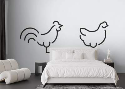 2 black line icons representing a rooster and a hen on a white background for web, mobile, promo materials, SMM. The poultry icons fit in the agriculture and food industry topics. Vector illustration Wall mural