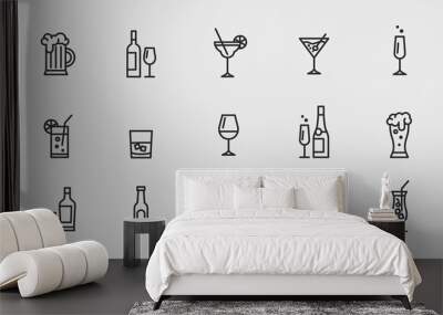 Alcoholic cocktails icons set. Simple outline cocktails icons isolated on white background. Set includes beer, mojito, whiskey. Icons set for restaurant, pub, bar. Vector illustration Wall mural