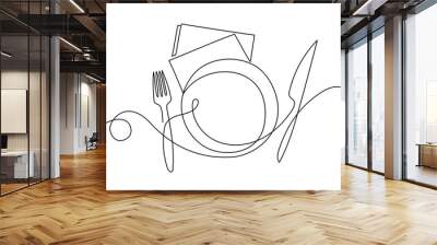 Restaurants plate and utensils in one continuous line drawing. One line restaurant poster. Outline plate and utensils. Vector illustration Wall mural