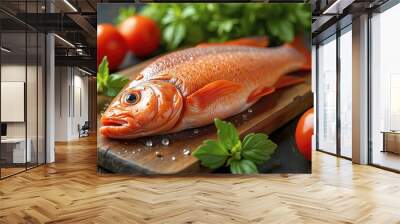 A whole raw fish with scales, lying on a wooden surface surrounded by fresh herbs and vegetables Wall mural