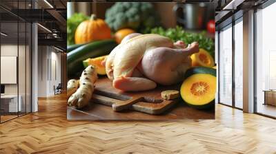 Chicken ready to cook broth with fresh root vegetables and spices Wall mural