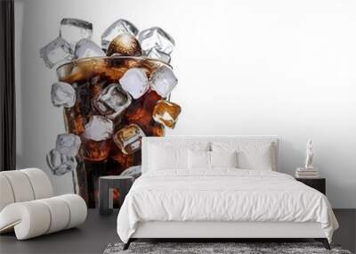 glass of cola with ice on white background Wall mural