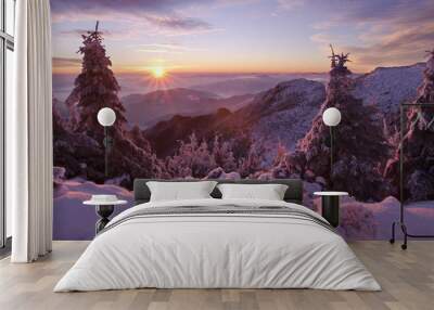 beautiful winter mountain sunset in romania Wall mural