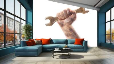 dirty and oily hand holding wrench tool isolated on white Wall mural