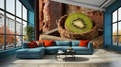 Ripe kiwi in the box. On rustic background Wall mural