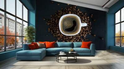 cup of coffee with beans on black background Wall mural