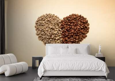 Heart made out of green and roasted coffee beans Wall mural