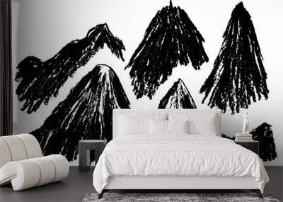 Hand-drawn shading mountains. Rough pencil illustration of mountain silhouette. Monochrome grunge design element. Abstract vector black doodle isolated on transparent background Wall mural