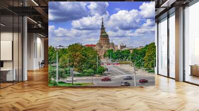 Kharkiv, Ukraine - July 20, 2020: Repair of the Kupetskyi Bridge over Lopan River against the background of Annunciation Cathedral (Kharkov). Beautiful summer city panorama with an Orthodox temple Wall mural