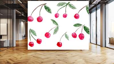 Set of seven watercolor illustrations of ripe cherry fruits isolated on a white background. Cute cartoon clipart, design element for summer or healthy food, healthy eating concept, vitamins Wall mural