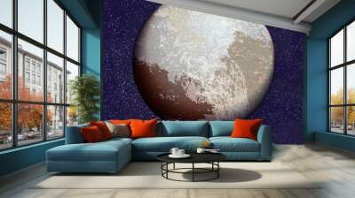 The brown planet Pluto on dark blue space background. Vector realistic illustration of cosmic object from solar system, with caption Wall mural