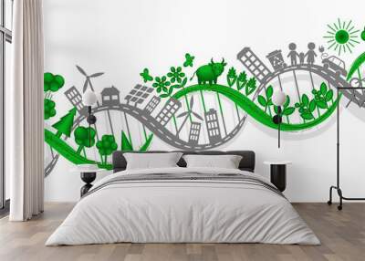 Vector illustration of DNA interweaving of human life and industry with nature. Creative design element for environmental concepts. Set of simple eco icons Wall mural