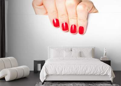 Beautiful female hand with red nails holding a blank sign Wall mural