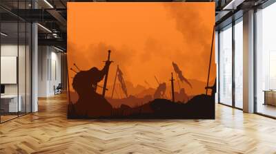 End of the battle. The fallen warrior holds a sword in his hand. A bloody sunset is behind him. The weapon is stuck in the ground. Smoke rises into the sky. 2D illustration. Wall mural