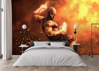 fiery warrior monk in combat stance casts fire in fists and legs. 2d illustration Wall mural