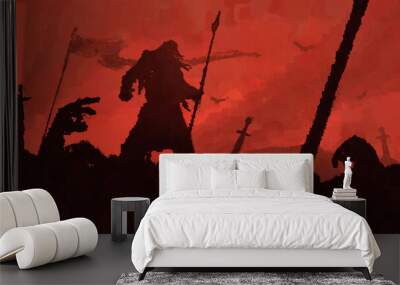 The battle is over. defeated warriors surround the last surviving Viking, standing with a spear against the bloody sky. The weapon is stuck in the ground. Smoke rises into the sky. 2D illustration.  Wall mural