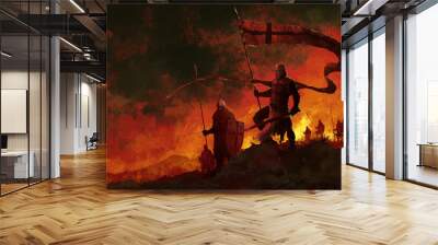 The crusader army goes to war. The knight carries the banner. The sky is lit by fires. 2D illustration, digital art style, illustration painting  Wall mural