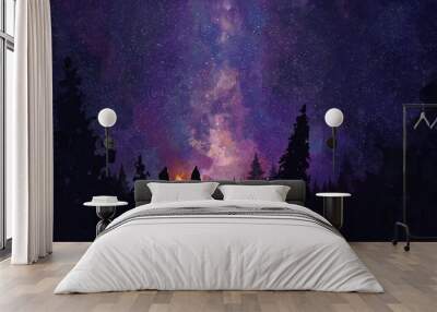 Two men set up camp in the forest, a fire is burning, in the sky there are stars and a milky way, 2D illustration  Wall mural