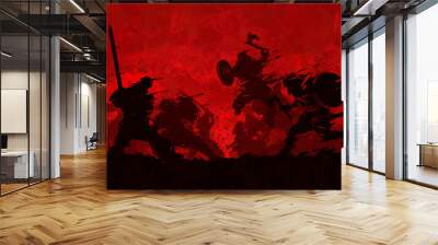 Viking warriors rushed to attack the defenders on a red background. 2d illustration Wall mural