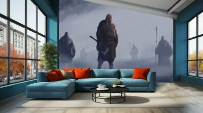 Vikings stand in the fog with axes, spears and shields, ready for battle. 2D illustration Wall mural