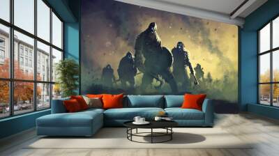 Zombie warriors in armor stand on a hill with axes and poleaxes ready for battle. 2d illustration Wall mural