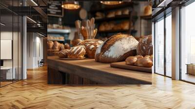 A display of freshly baked artisanal bread and pastries arranged on a wooden table, creating a warm, rustic bakery ambiance. Wall mural