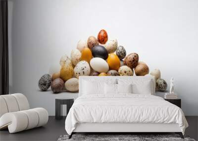 A high-detailed image displaying a diverse collection of bird eggs, each uniquely patterned and colored, artfully stacked in a pyramid formation. Wall mural