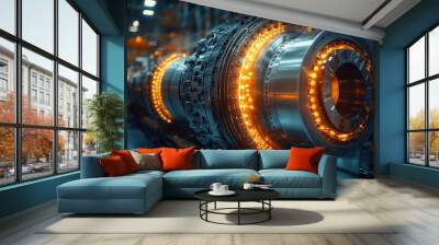 A high-tech machine part emits a warm glow in a factory setting, symbolizing innovation and engineering marvel amidst industrial precision. Wall mural