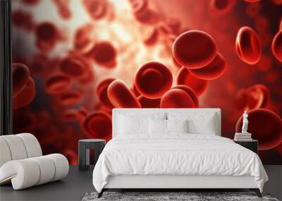 A highly detailed, close-up view of red blood cells floating freely, emphasizing their vibrant color and smooth, round shape. Wall mural