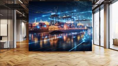 A large container ship is docked at a bustling port at night, illuminated by lights and digital lines showcasing maritime operations and connectivity. Wall mural