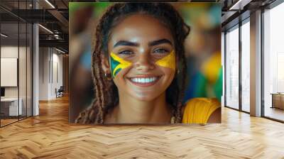 A radiant young woman, face painted with bright colors, smiles widely, embodying festive spirit and cultural pride at a lively celebration. Wall mural