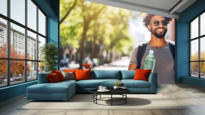 A smiling man in sunglasses and casual attire holds a water bottle while enjoying a sunny day on a tree-lined street, radiating a relaxed, carefree vibe. Wall mural