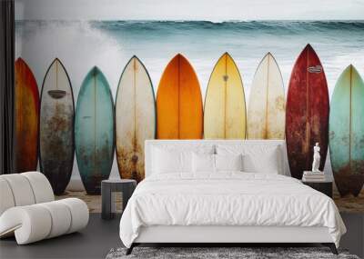 A striking lineup of colorful surfboards stands against the backdrop of crashing ocean waves, reflecting the vibrancy and thrill of a day at the beach. Wall mural