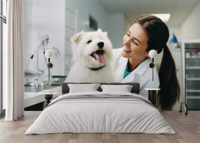 A woman in a white coat shares a joyful moment with a happy dog in a veterinary clinic, highlighting care and companionship. Wall mural