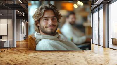 A young man with tousled hair and a warm smile wearing a casual hoodie and jacket, sitting relaxed in a cozy café with blurred background ambiance. Wall mural