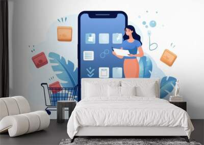 An illustration of a woman holding a smartphone, immersed in reading news amidst digital icons, set against a dynamic, tech-inspired background. Wall mural