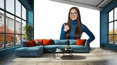 Attractive Italian young caucasian woman in blue sweater and glasses smiling wide, showing thumb up gesture over transparent background with empty space for ad. Mockup, shopping, sales, discount. Wall mural