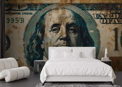 Benjamin Franklin's contemplative portrait on aged $100 bill Wall mural