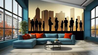 Business professionals cast silhouettes against a vibrant city skyline, symbolizing ambition and corporate energy. Wall mural